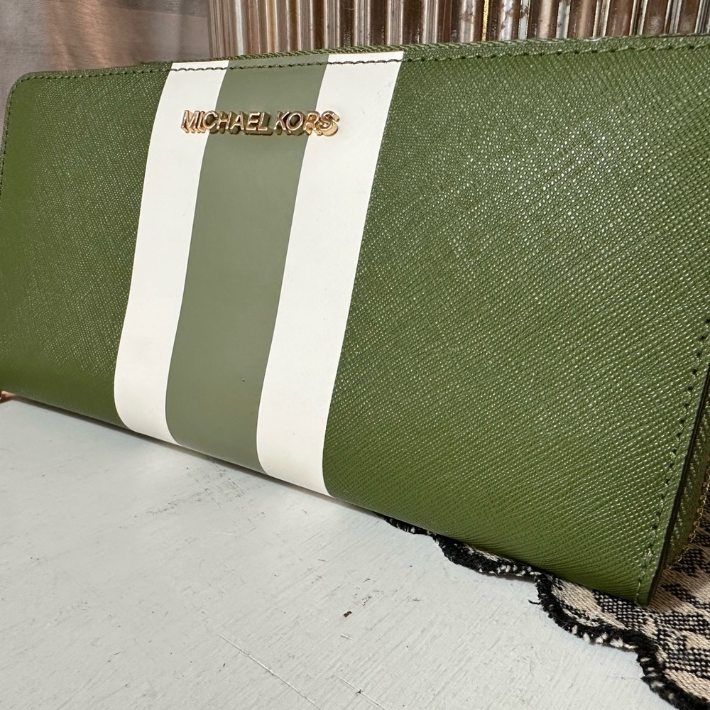 Michael Kors Olive and White Striped Wallet